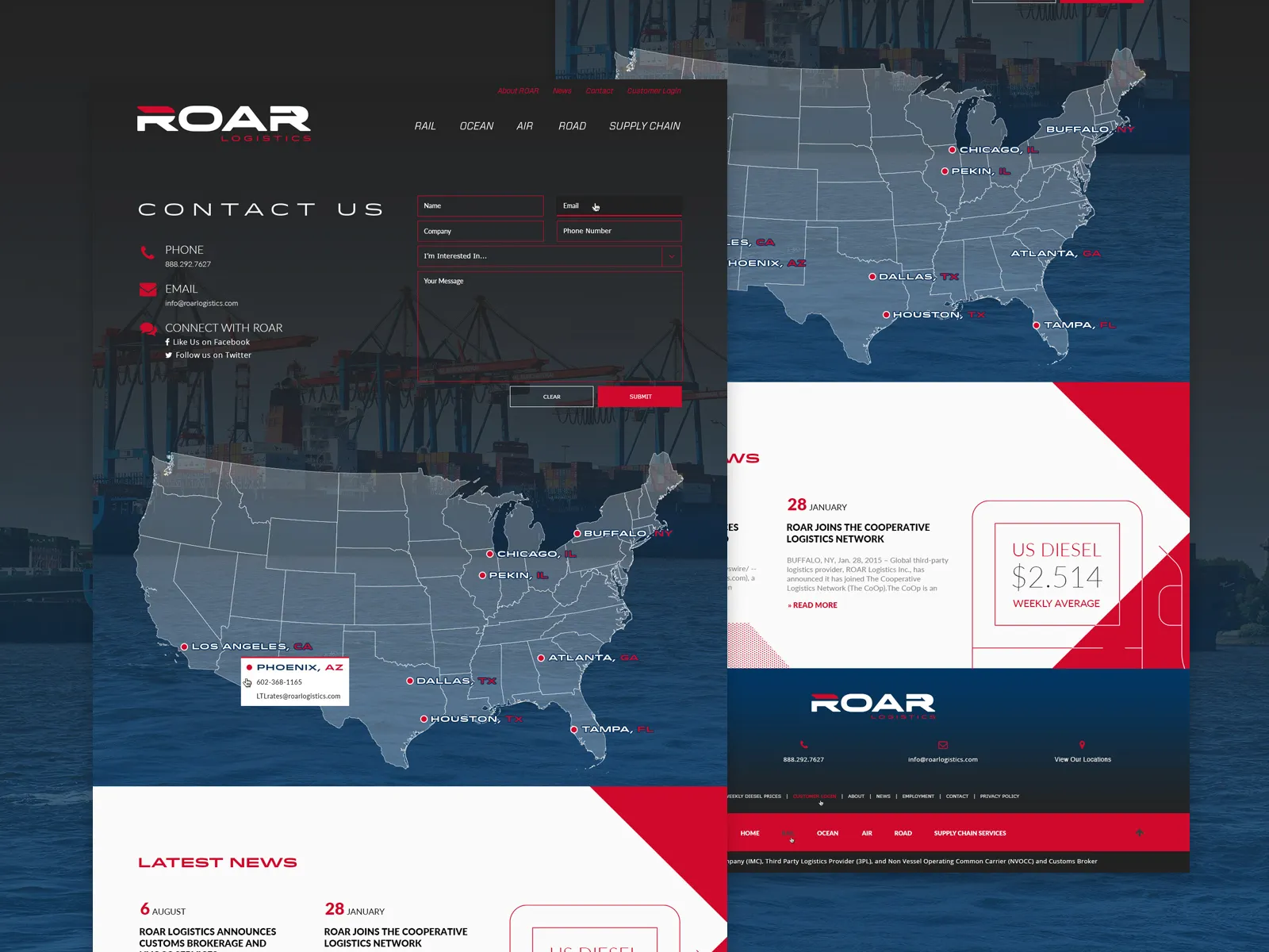 The ROAR Logistics contact page, highlighting the live diesel fuel prices that effect prices, various contact methods I designed an interactive map where you can interact with each city and get that region's contact information, and latest posts.