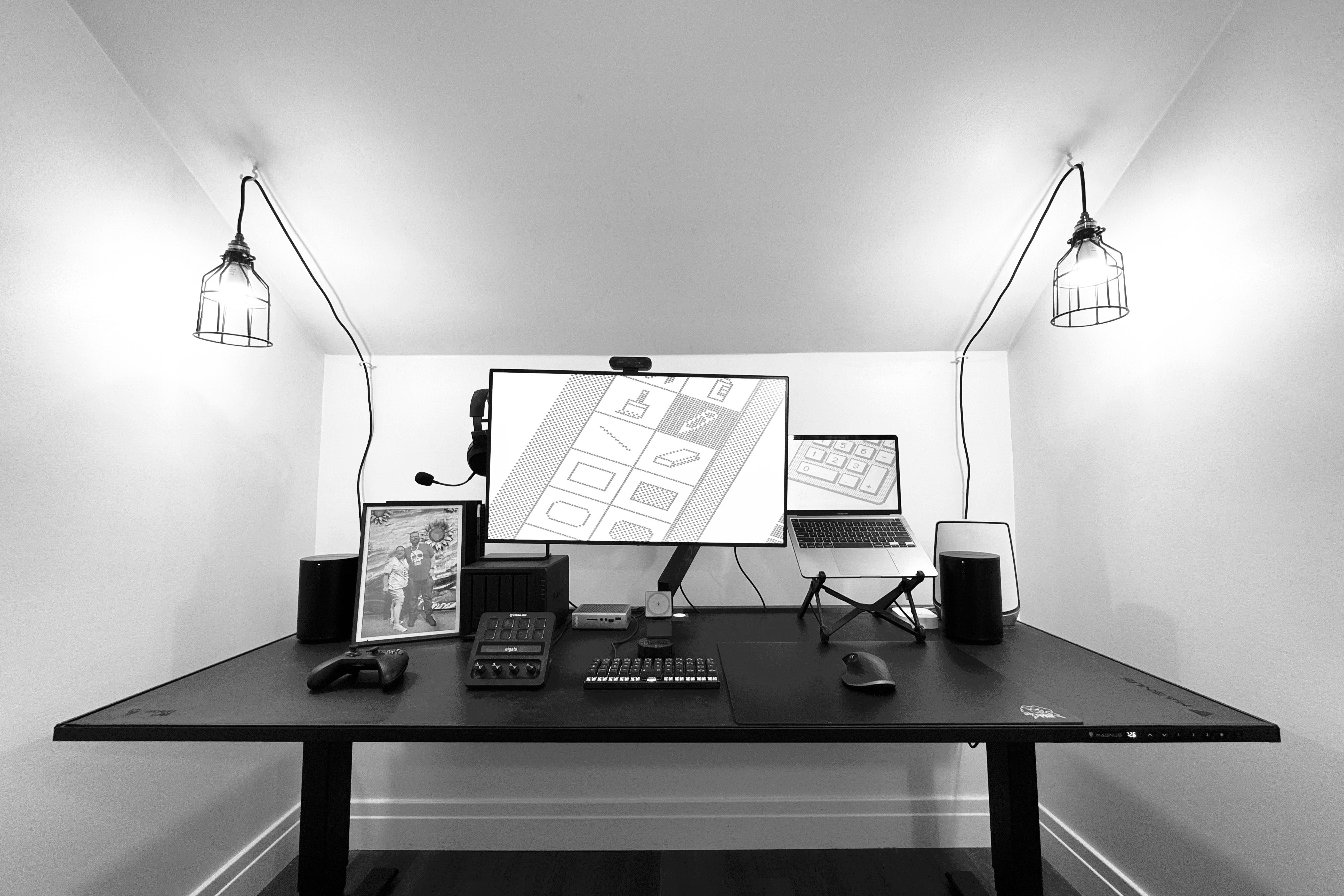 An image displaying my workspace setup, with a list of some of the gear and software used in it below.