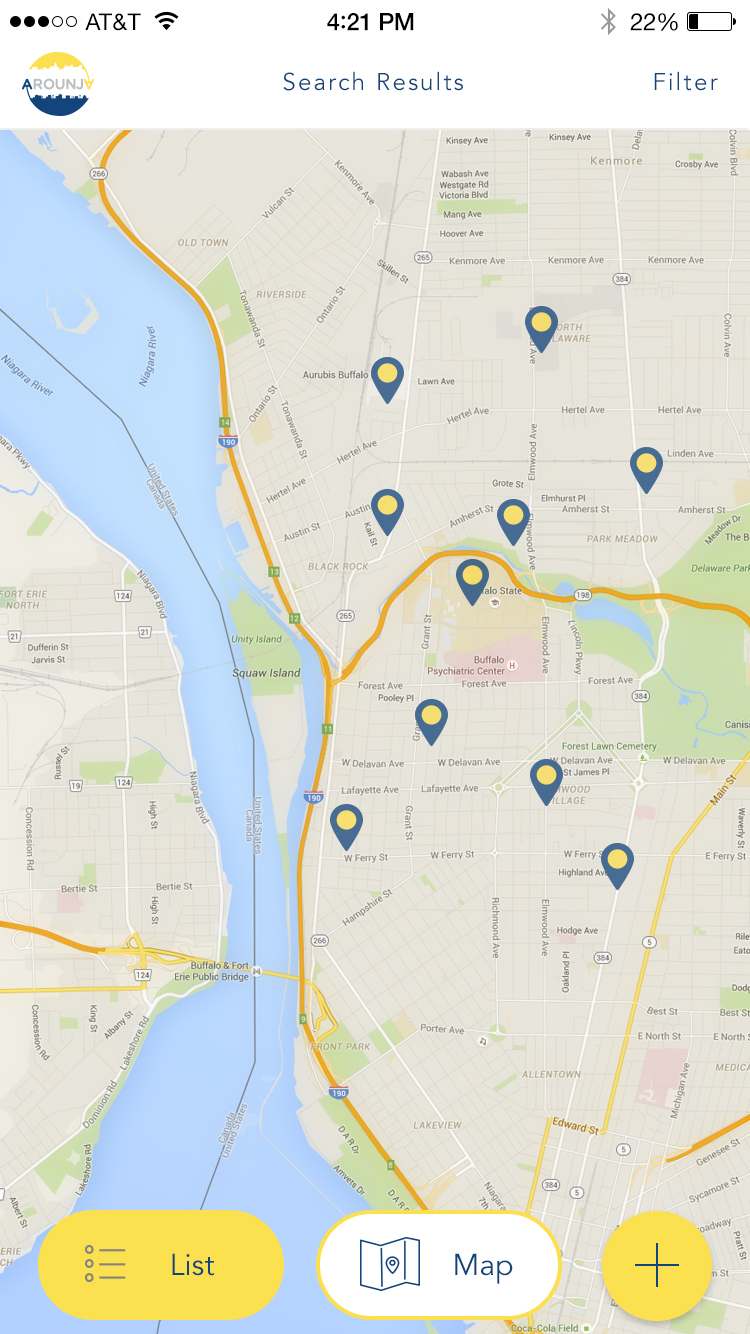 Arounja search results on a map view