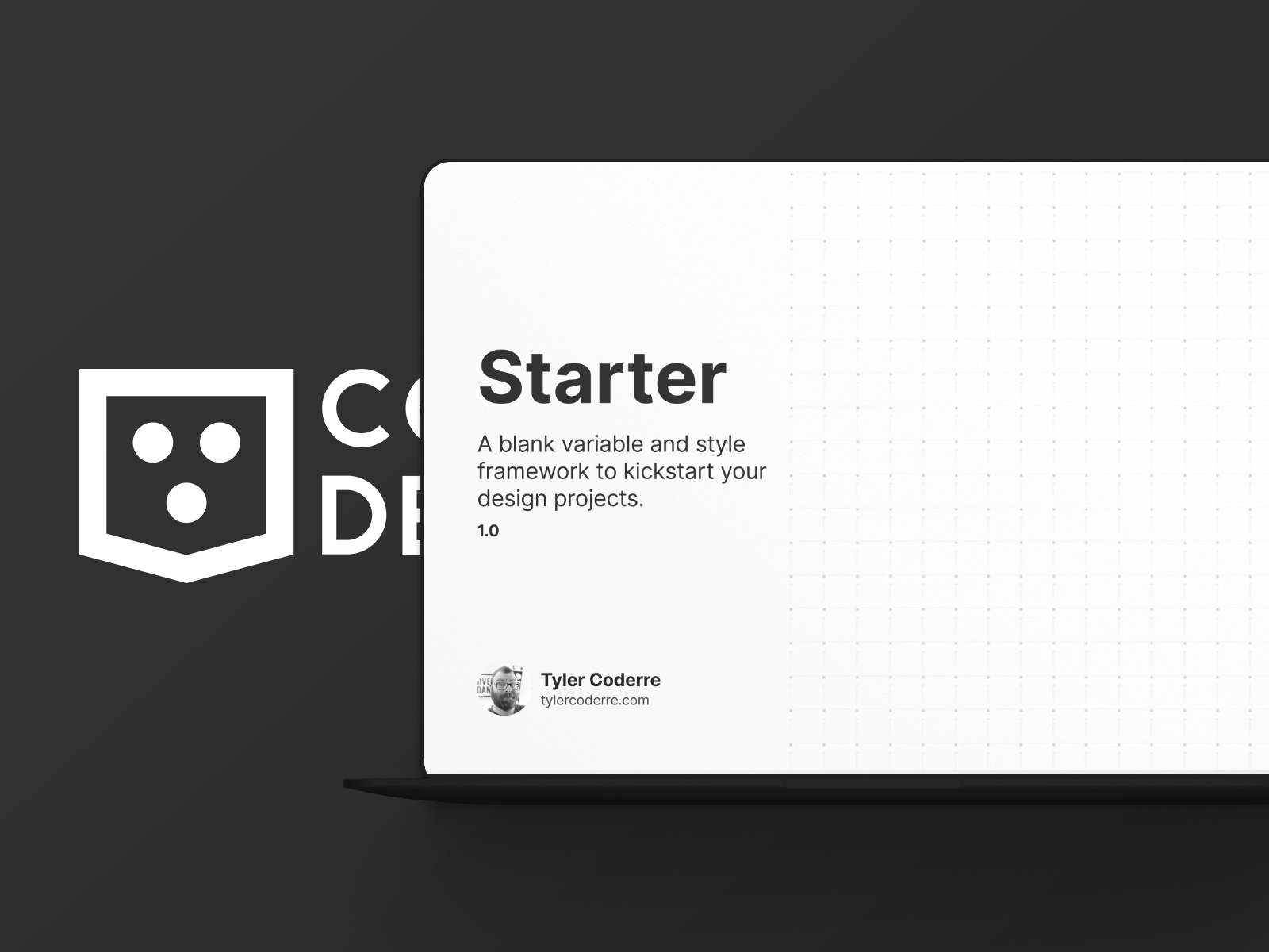 A mockup of the Coderre Design Figma Starter title card on a laptop with logo behind it.