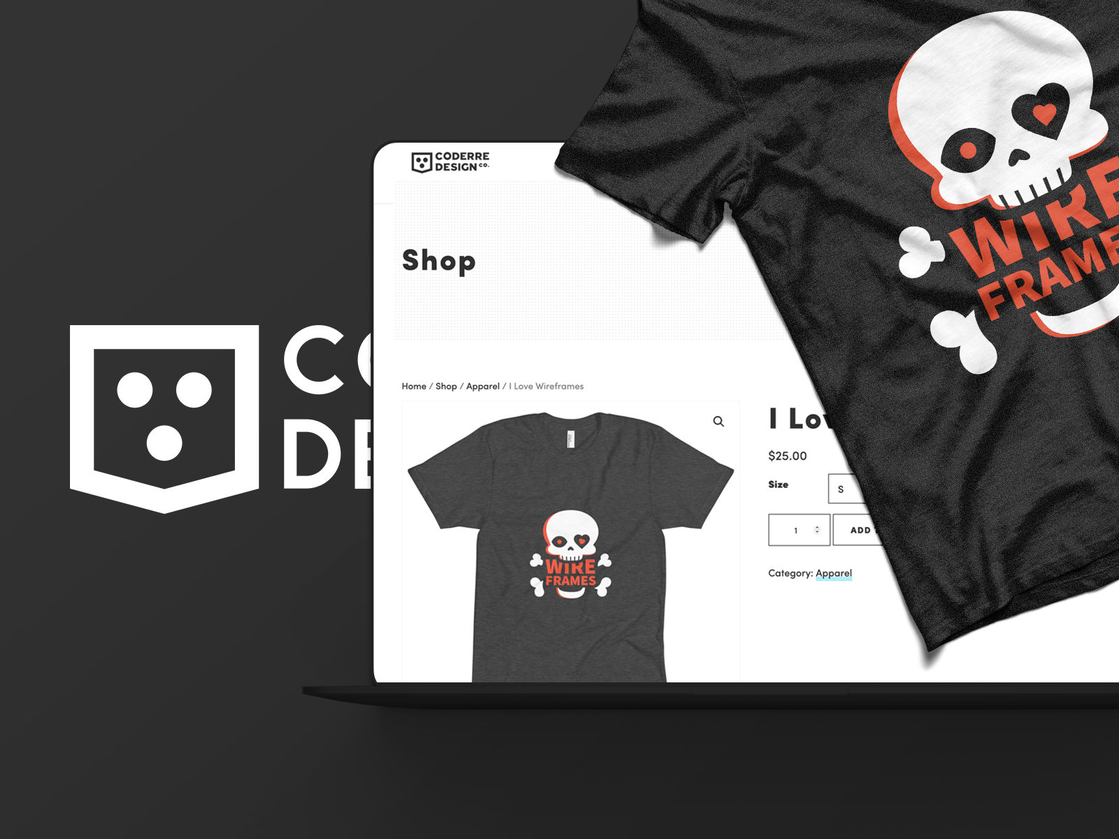 Coderre Design shop logo, shirt, and website device gradient