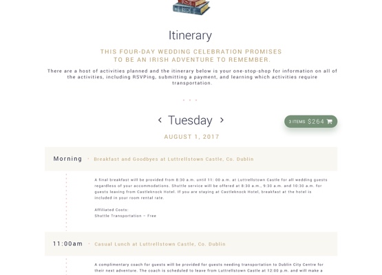 Step-by-step itinerary flow for the wedding site