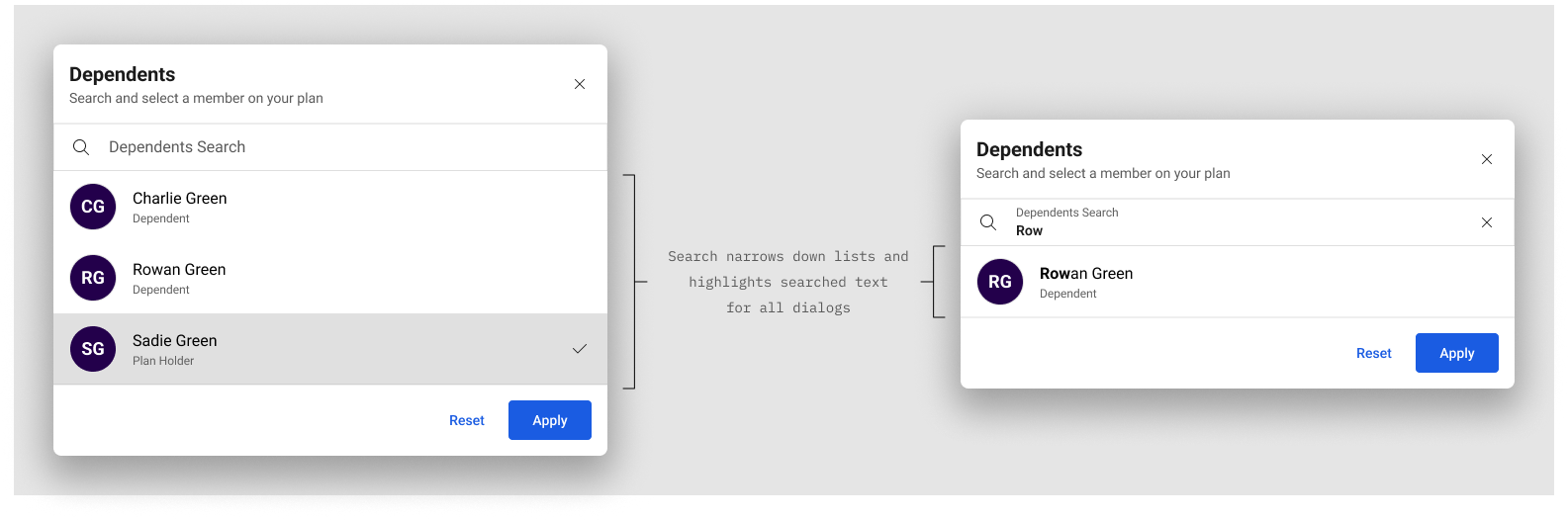 Dependents dialog showing default list and live search filtering with highlighted matches