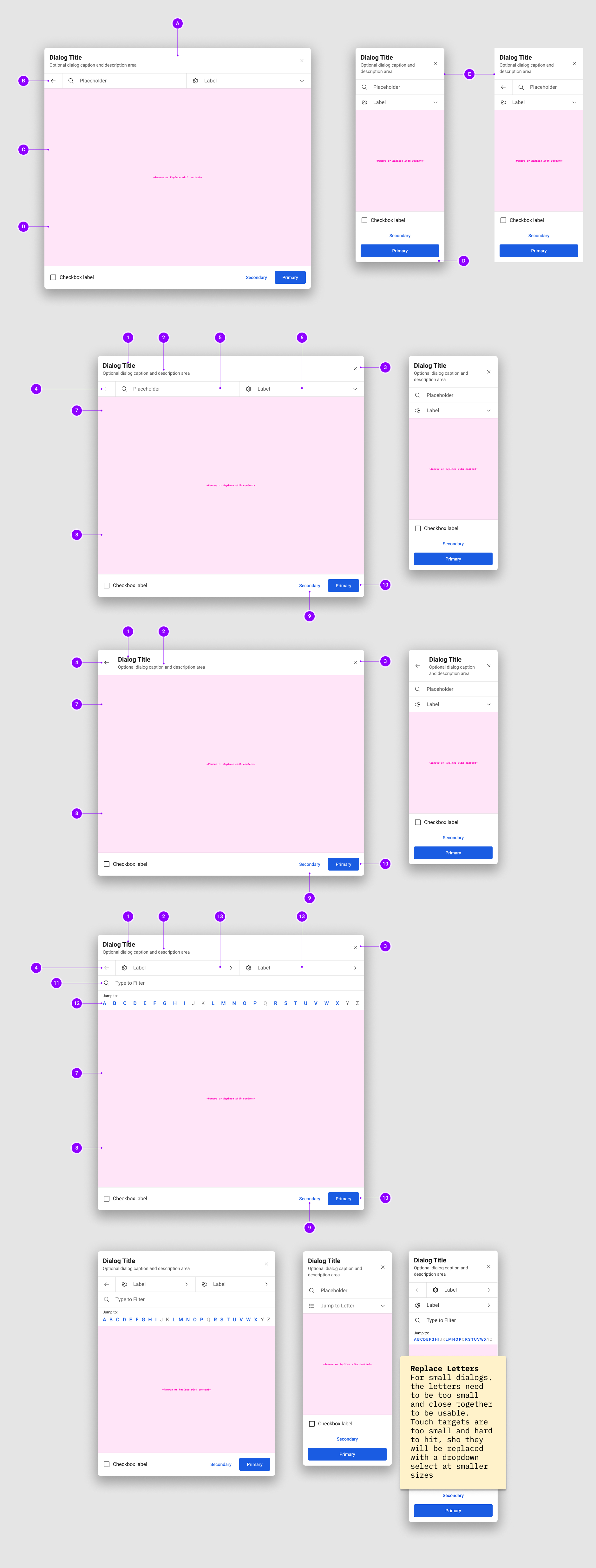 Dialog anatomy showing how the modular dialog system is structured for sections and components