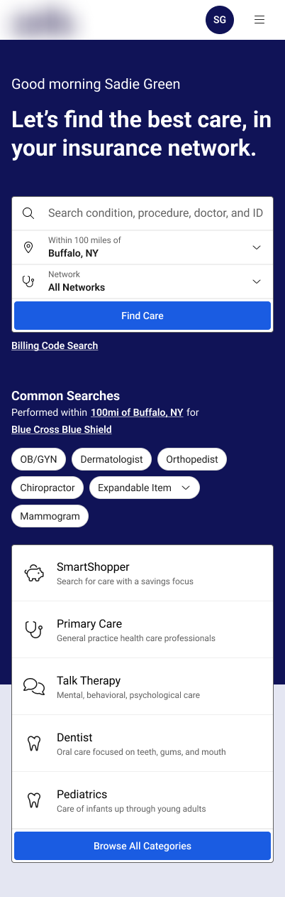 Healthcare search platform logged-in homepage hero on mobile