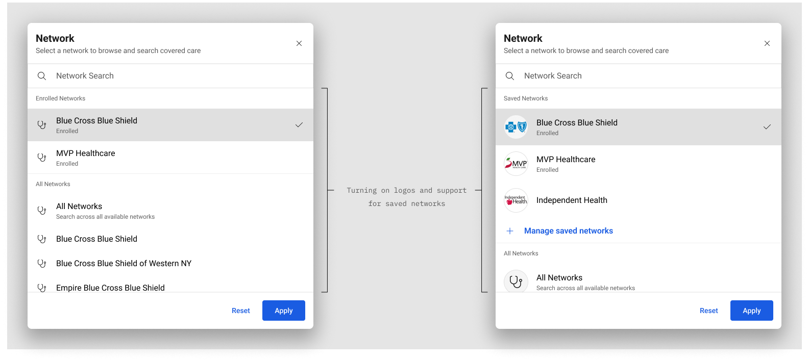 Network dialog comparing icon-only MVP and logo-enabled saved network configurations