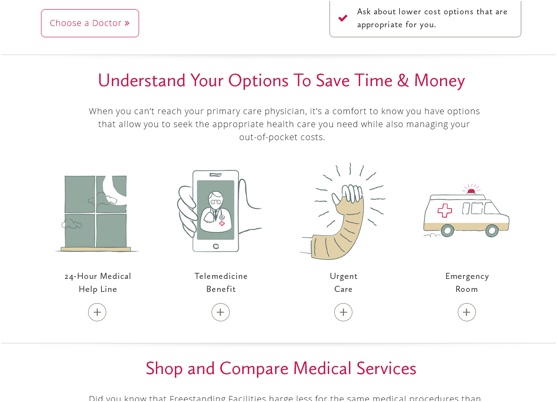 Illustrated health service options within the Independent Health experience