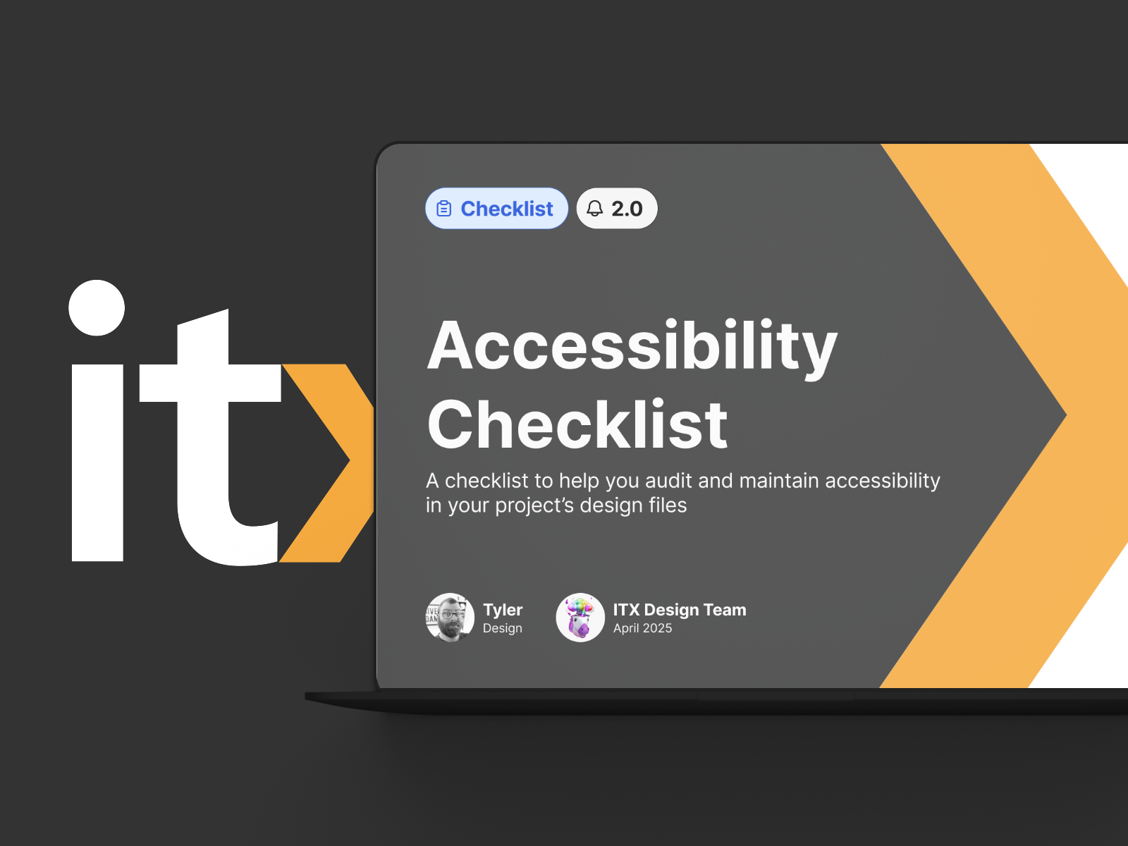 A mockup of the ITX Web Accessibility Checklist 2.0 title card on a laptop with logo behind it.