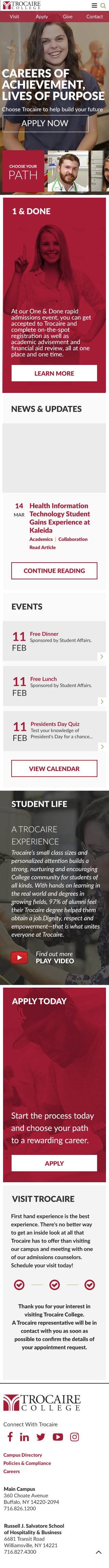 Trocaire College homepage on mobile