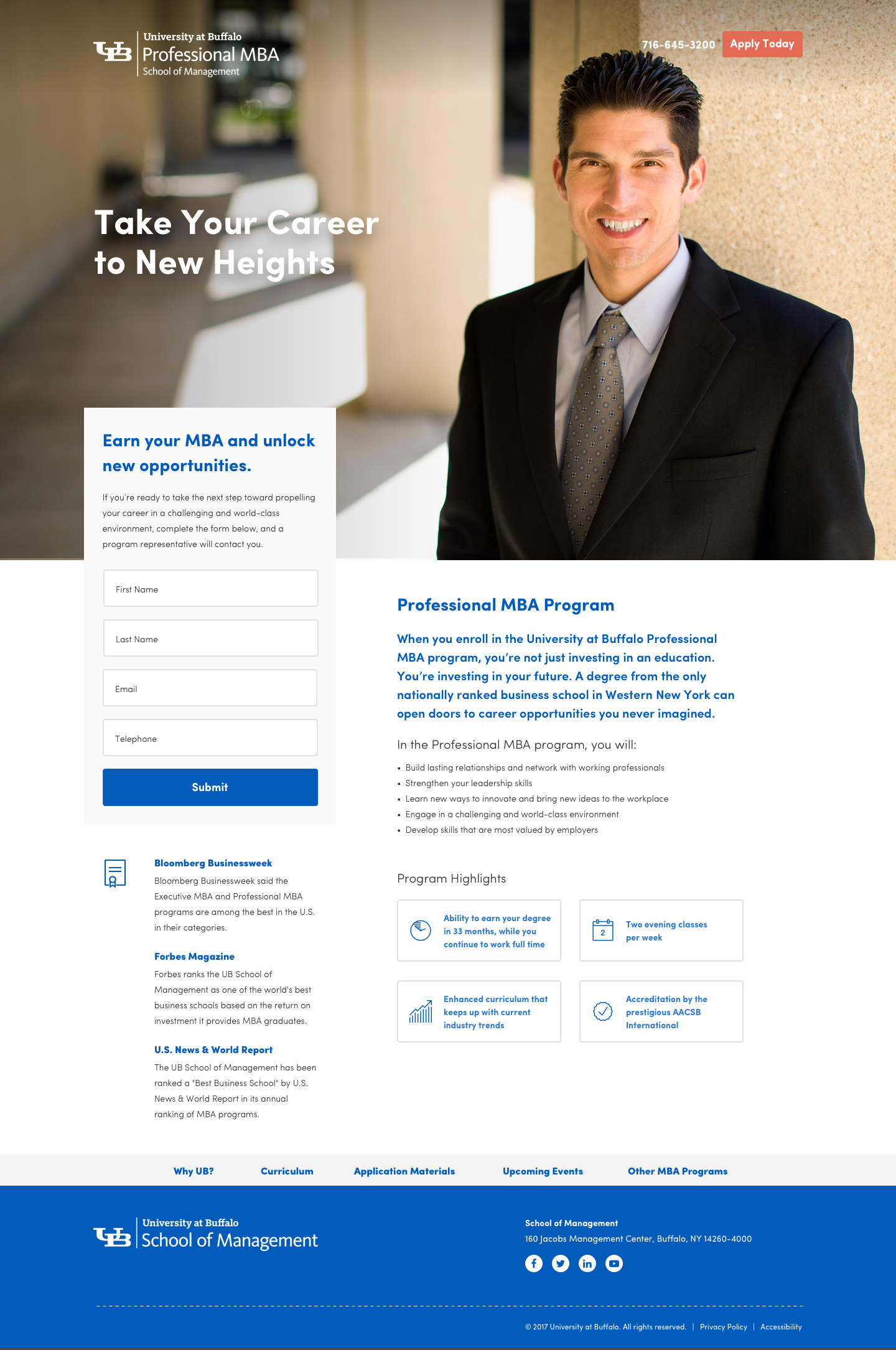 UB Professional MBA landing page